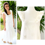 White Embroidered Ruffle Sleeve Tiered Hem Dress with Pockets