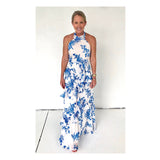 Blue & White Chinoiserie Print Layered Chiffon Halter Maxi Dress with Bow Tie Open Back & Self Tie Belted Waist