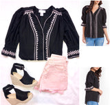 Black & Baby Pink Embroidered 3/4 Sleeve Button Down Top with Scalloped Neckline