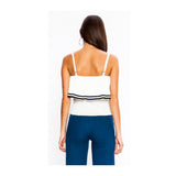 White Knit Ruffle Bust Cami with Black Stripe Contrast