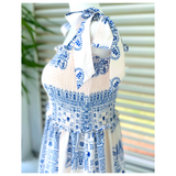 White & Royal Blue Smocked Elizabeth Dress