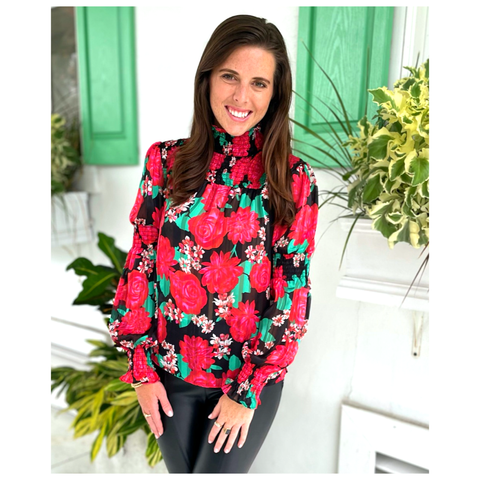 Red & Green Floral Smocked Poinsettia Top