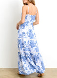 Blue White ‘Chinoiserie’ Maxi Dress with Self Tassel Tie Waist