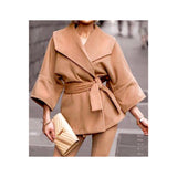 Camel 2/3 Sleeve Tie Waist Jacket with Exaggerated Collar