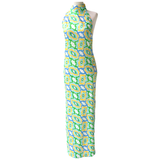Blue Green & Yellow Vintage Aarons Halter Maxi with Open Back