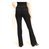 Black Front Pocket Bell Bottom Jeans with Contrast Taupe Stitching