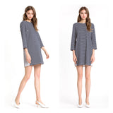Midnight Blue & White Stripe Knit Dress with Contrast Pleated Back & Black Ribbon Tie