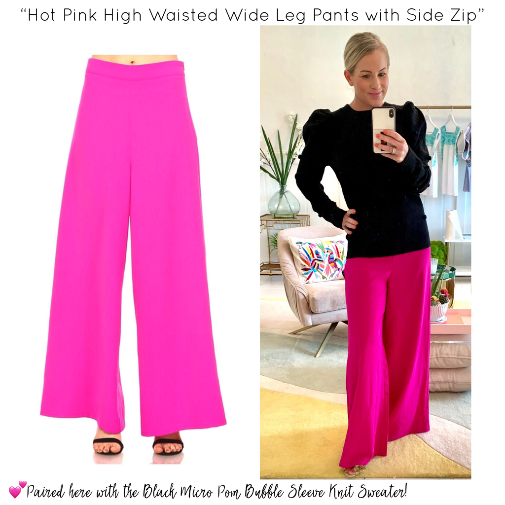 Hot Pink High Waisted Wide Leg Pants with Side Zip - James Hot Pink High Waisted Wide Leg Pants with Side Zip - James