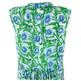 Green & Blue Block Print Emerald Isle Dress with Accordion Ruffle Neck & Pockets