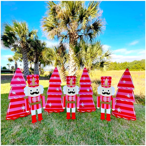 Handmade Painted Steel Pink & Red Nutcracker & Christmas Tree Yard Stakes