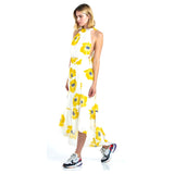 White Sunflower Print Swiss Dot Chiffon Hi-Lo Dress with Crisscross Flutter Back