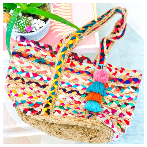 Handmade Braided Jute Rainbow Tote Bag with Tassel