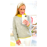 Heather Grey & Bright Yellow Fine Knit Sweater with Ribbed Contrast