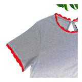 Black White Pinstripe Soft Knit Shift Dress with Red Scalloped Ric Rac Trim & Keyhole Back