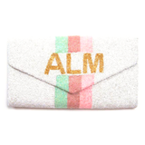 Hand Beaded Custom White Pink Aqua Strip Name Bag with Optional Chain