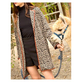 Camel & Black Leopard Heavy Knit Cardigan Jacket with Cognac Leather Piping