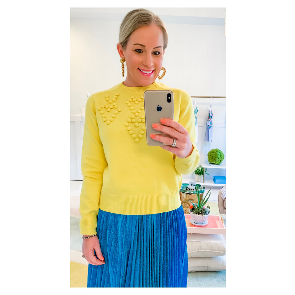Bright Lemon Yellow Knit Sweater with PomPom HEART Shaped Appliqué ...