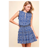 Bright Cobalt Blue Tiered Ruffle Hem Dress with Ruffle Sleeve Trim & Drawstring Waist