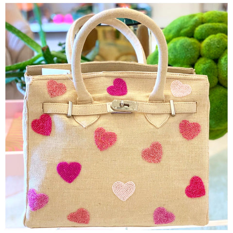 Handmade Beaded Hearts Canvas Bag