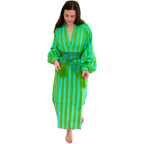 Hand Block Printed Organic Linen Fair Trade Ruby Caftan with Pockets