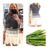 Ivory & Navy 3/4 Sleeve PLEATED Knit Dress (Belt it for a super chic look!)