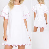 White Short Sleeve Shift Dress with Embroidered Pink Wavy Scallop Trim & Keyhole Back Tie