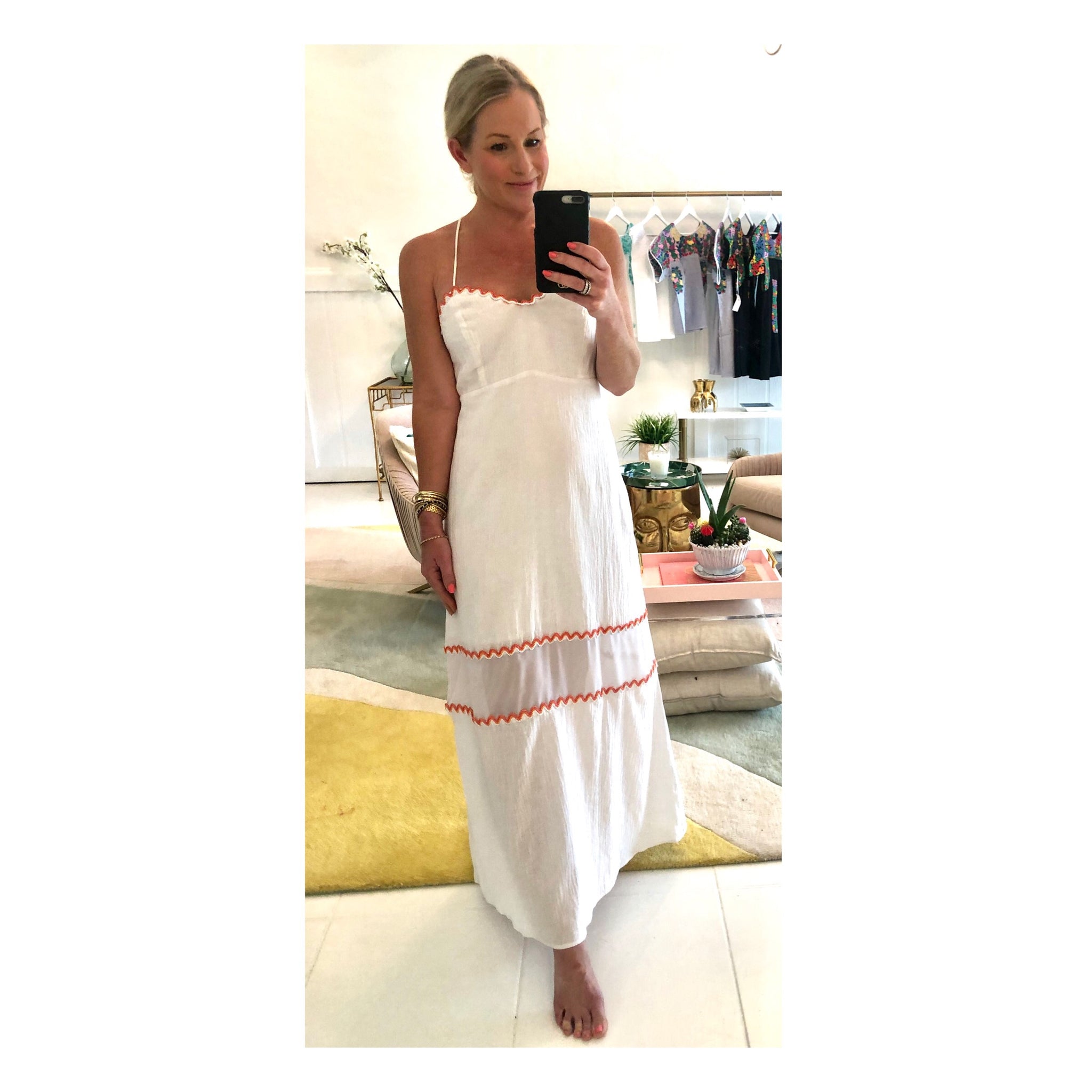 chinese dress ladies White Linen Open Back Banded Waist Maxi Dress with White, Pink, Yellow &  Orange Woven Rainbow Stripe Embroidered RicRac Trim