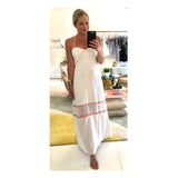 White Linen Open Back Banded Waist Maxi Dress with White, Pink, Yellow & Orange Woven Rainbow Stripe Embroidered RicRac Trim