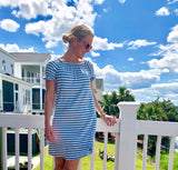 Blue Ivory Stripe On OR Off Shoulder Dress with Ruffle Sleeve