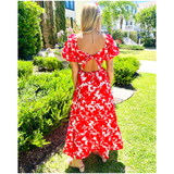 Red Floral Puff Sleeve Bow Back Laurent Dress