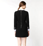 Long Sleeve Black A-Line Dress with White Collar & Cuff Detail with Back Zip