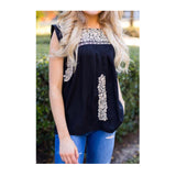 Black & Taupe Embroidered Textile Top