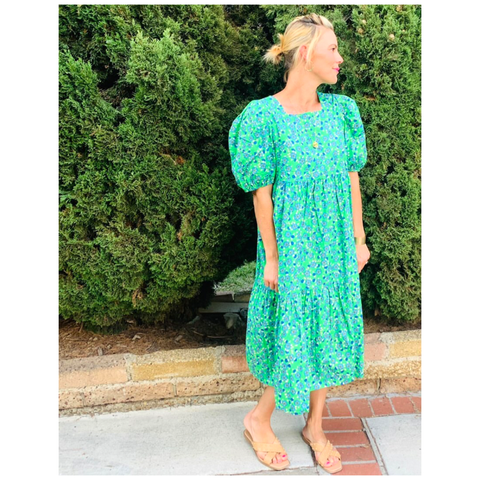Green & Blue Micro Floral Puff Sleeve Simmons Dress