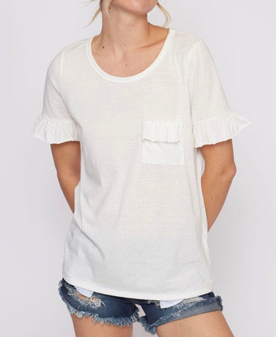 White t-Shirt with Ruffle Sleeves & Chest Ruffle Patch