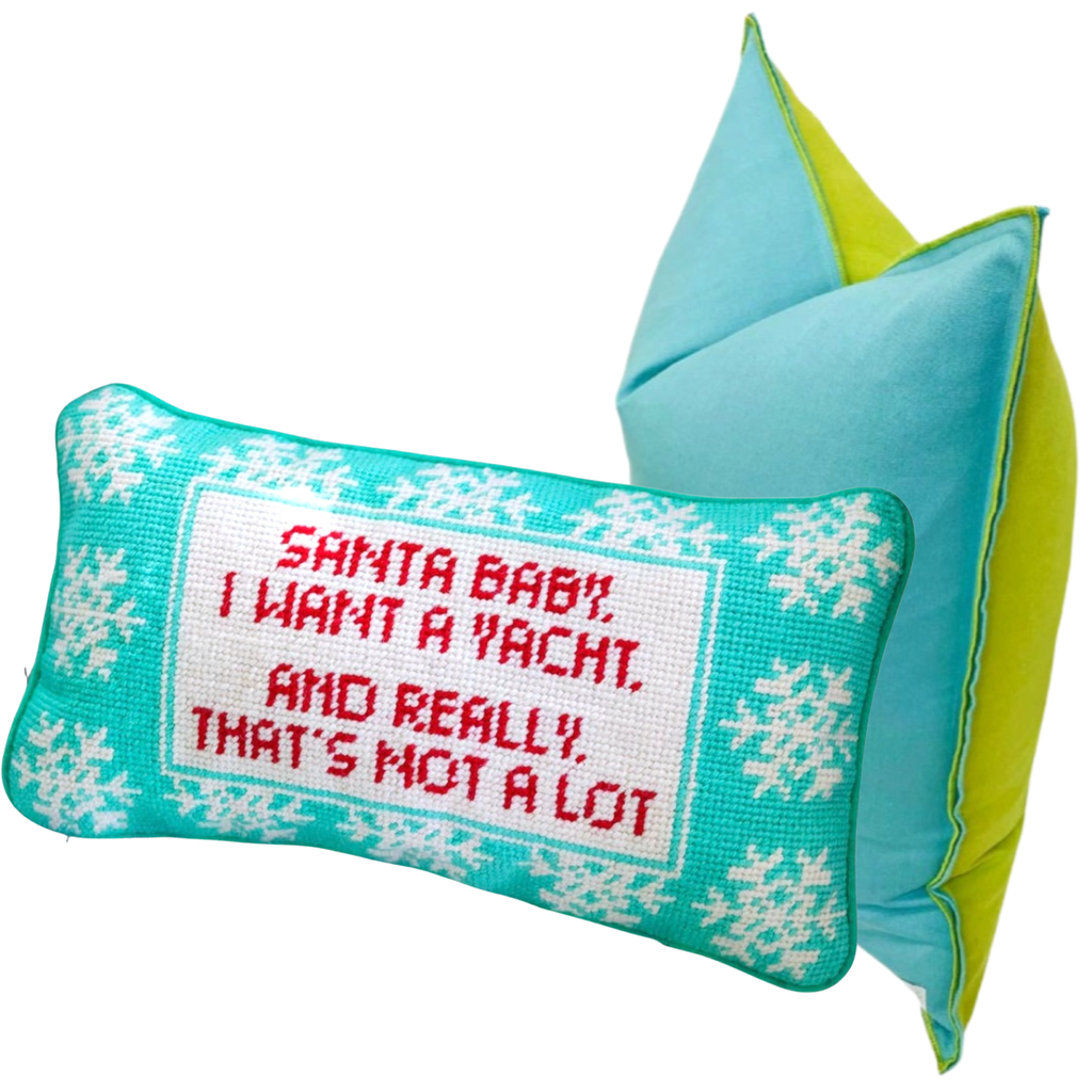 Needlepoint Santa I Want a Yacht Pillow with Velvet Back