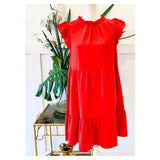 Jade or Poppy Red Flutter Sleeve Ruffle Hem Dress with Shirred Neckline & Keyhole Back