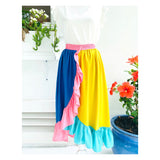 Pink Yellow Blue & Aqua Color Block Asymmetrical Ruffle Midi Skirt