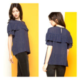 Navy & Metallic Gold Pinstripe Short Sleeve Top with Ruffle Bust & Keyhole Back