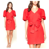 Red Puff Sleeve Linen & Rayon Blend Belted Shift Dress