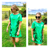 Kelly Green 3/4 Sleeve Tunic Top OR Dress with Grommet & Black Tie Accents