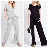 Super Soft Black OR Heather Grey t-Shirt Jumpsuit with Keyhole Back and Elastic Tie Waist