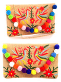 Embroidered Burlap Mexican Birds Pom Pom Bag with Detachable Gold Chain