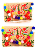 Embroidered Burlap Mexican Birds Pom Pom Bag with Detachable Gold Chain