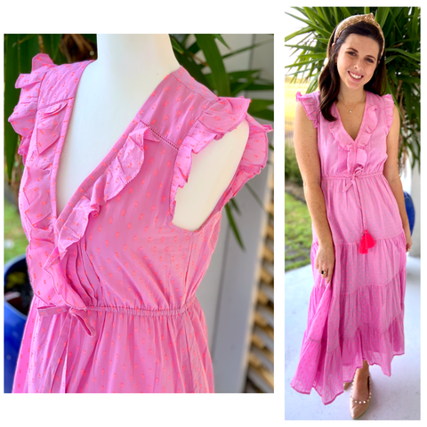 St. Barths Pink & Bright Orange Swiss Dot Dress with Tassel Waist (Matching Child Version Sold Separately)