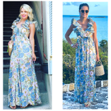 Designer Inspired Floral Cutout Maxi Dress with Structured Ruffle Sleeves & Open Back