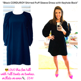 Black CORDUROY Shirred Puff Sleeve Shift Dress with Keyhole Back