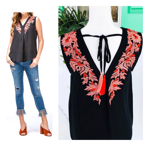 Black Sleeveless High Low Pink & Coral Embroidered Top with Tassel Tie Back