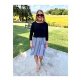 Navy Knit & Blue Shirttail Contrast Empire Waist Midi Dress with Elbow Accents