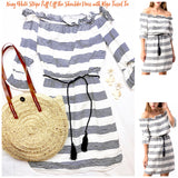 Navy & Paper White Stripe Puff Sleeve Off the Shoulder Dress with Navy Rope Tassel Tie