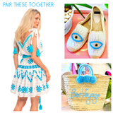 Pranella White & Turquoise Embroidered Arri Dress with Optional Belt & Mirror Accents